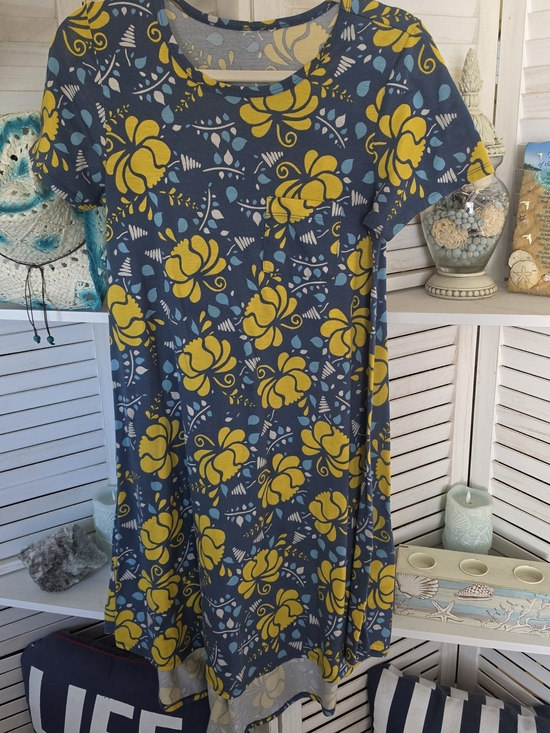 LuLaRoe Dresses & Skirts - LuLaRoe Carly Dress XS Blue Yellow Floral Swing Pocket Casual Stretch Tunic